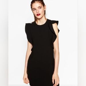 Zara Woman Black Ruffle Flutter Sleeve Shift Mini Dress Size M